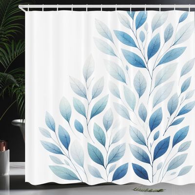 Ambesonne Blue Shower Curtain, Minimalist Urban Jungle Theme Leaves with Cold Tone on Plain Backdrop, Cloth Fabric Bathroom Decor Set with Hooks, 69" W x 70" L, White Grey Teal Sea Blue