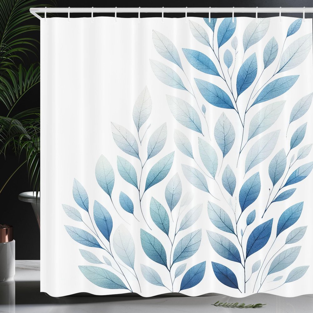 Ambesonne Blue Shower Curtain, Minimalist Urban Jungle Theme Leaves with Cold Tone on Plain Backdrop, Cloth Fabric Bathroom Decor Set with Hooks, 69" W x 70" L, White Grey Teal Sea Blue