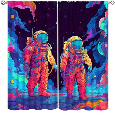 Astronaut Curtains, Cartoon Abstract Cool Colorful Funny Outer Space Cosmic Spaceman Blackout Window Treatments, Thermally Insulated Rod Pocket Drapes For Boys Teen Men Bedroom Living Room 52x84in