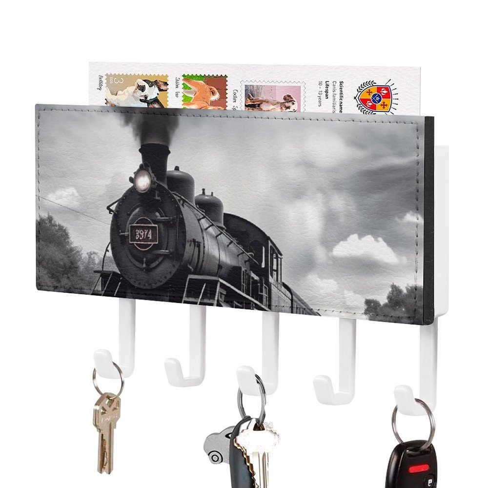 WYUSPGK Home Wall Mounted Key Hangers Holder,Steam Train Clouds Print Hooks Envelope Organizer Rack,Home Decoration for Offices