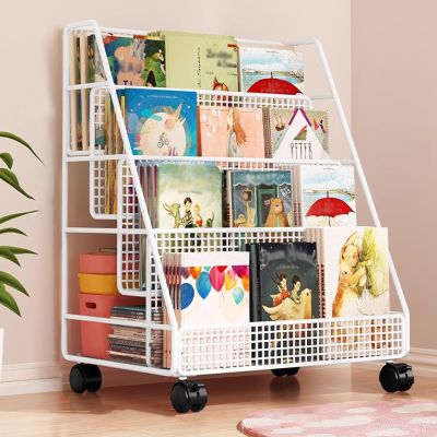 ZJKXJH Floor Standing Magazine Rack 3 4 Layer, Metal 16" Wide Comic Books Holder Newspaper Display Stand with 360 Movable Wheels, Space Saver Storage Basket (Color : White, Size : 4 Tier)