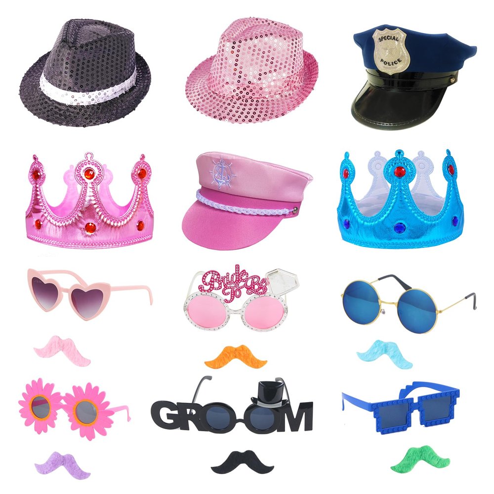 18 Pcs Fun Photo Booth Props Set for Adults, Novelty Funny Hats and Party Sunglasses, Colorful beards, Photo Booth Props Kit for Wedding, Bachelorette Party, Birthday, Costume, Events, All Occasions