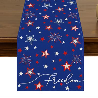 4th of July Patriotic Table Runner 13 x 72 Inch Burlap Memorial Day Independence Day Freedom Stars Indoor Kitchen Dining Outdoor Table Party Decoration ZQ15 Blue