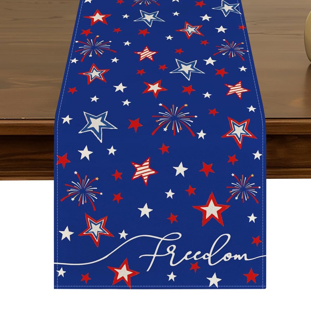4th of July Patriotic Table Runner 13 x 72 Inch Burlap Memorial Day Independence Day Freedom Stars Indoor Kitchen Dining Outdoor Table Party Decoration ZQ15 Blue
