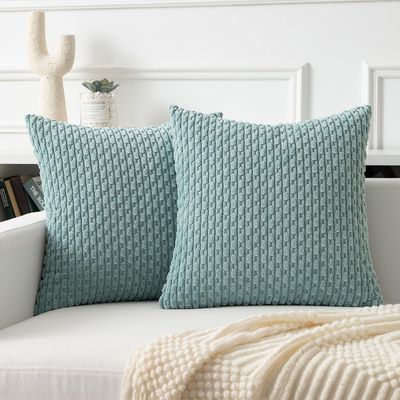Kevin Textile Throw Pillow Covers Soft Corduroy Decorative Set of 2 Boho Striped Pillow Covers Pillowcases Farmhouse Home Decor for Couch Bed Sofa Living Room 16x16 Inch Dusty Green