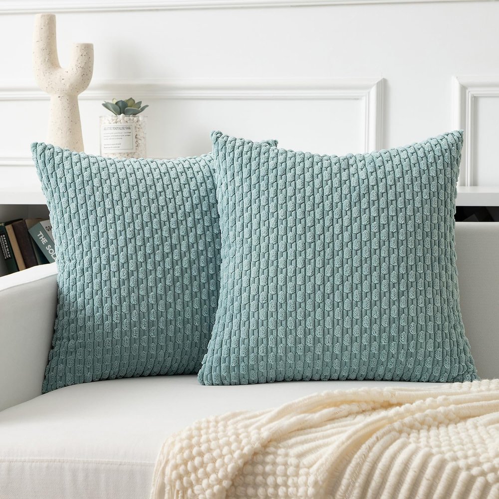 Kevin Textile Throw Pillow Covers Soft Corduroy Decorative Set of 2 Boho Striped Pillow Covers Pillowcases Farmhouse Home Decor for Couch Bed Sofa Living Room 16x16 Inch Dusty Green