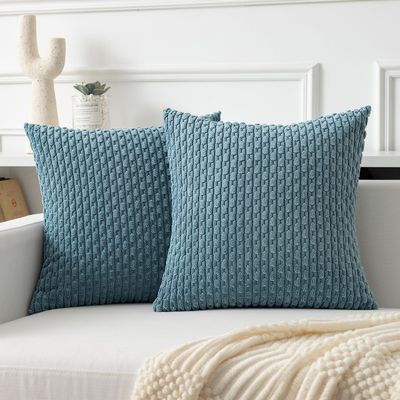 Kevin Textile Throw Pillow Covers Soft Corduroy Decorative Set of 2 Boho Striped Pillow Covers Pillowcases Farmhouse Home Decor for Couch Bed Sofa Living Room 16x16 Inch Blue Grey