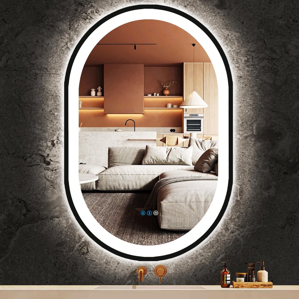DIDIDADA 38 x 26 Inch Black Oval LED Mirror for Bathroom Salon Wall Horizontal/Vertical Mounted 38 Inch Black Frame Oval Lighted Mirror with Lights Smart Memory 3 Color Dimmable Front Lights Antifog