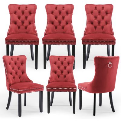YICORPS Velvet Dining Chairs Set of 6 Upholstered Tufted Dining Room Chair Kitchen Side Chairs with Nailhead Trim and Wood Legs for Dining Room,Restaurant(Wine Red)