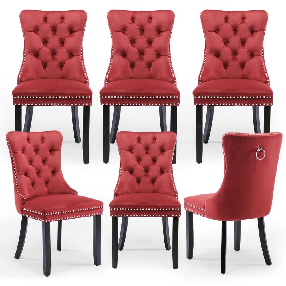 YICORPS Velvet Dining Chairs Set of 6 Upholstered Tufted Dining Room Chair Kitchen Side Chairs with Nailhead Trim and Wood Legs for Dining Room,Restaurant(Wine Red)