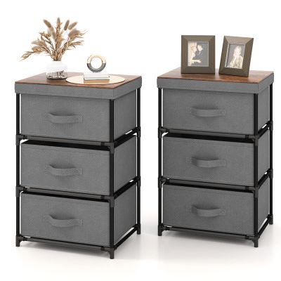GOFLAME Fabric Dresser Set of 2 with 3 Drawers, Nightstand for Bedroom, Bedside Table with Removable Fabric Bins & Handles, End Table, Sofa Side Table for Living Room, Entryway, Grey & Rustic Brown