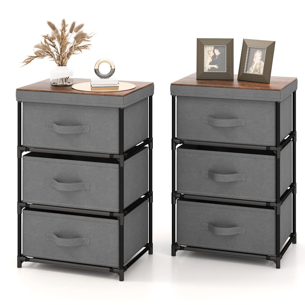 GOFLAME Fabric Dresser Set of 2 with 3 Drawers, Nightstand for Bedroom, Bedside Table with Removable Fabric Bins & Handles, End Table, Sofa Side Table for Living Room, Entryway, Grey & Rustic Brown