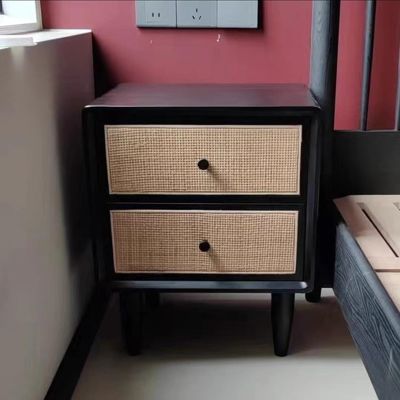 Log Simple Retro Bedside Table, Nightstand with 2 Handmade Rattan Decorated Drawers, Storage Bed End Table, Side Cabinet, for Living Room Bedroom Furniture ( Color : Black , Size : 45x40x55cm )