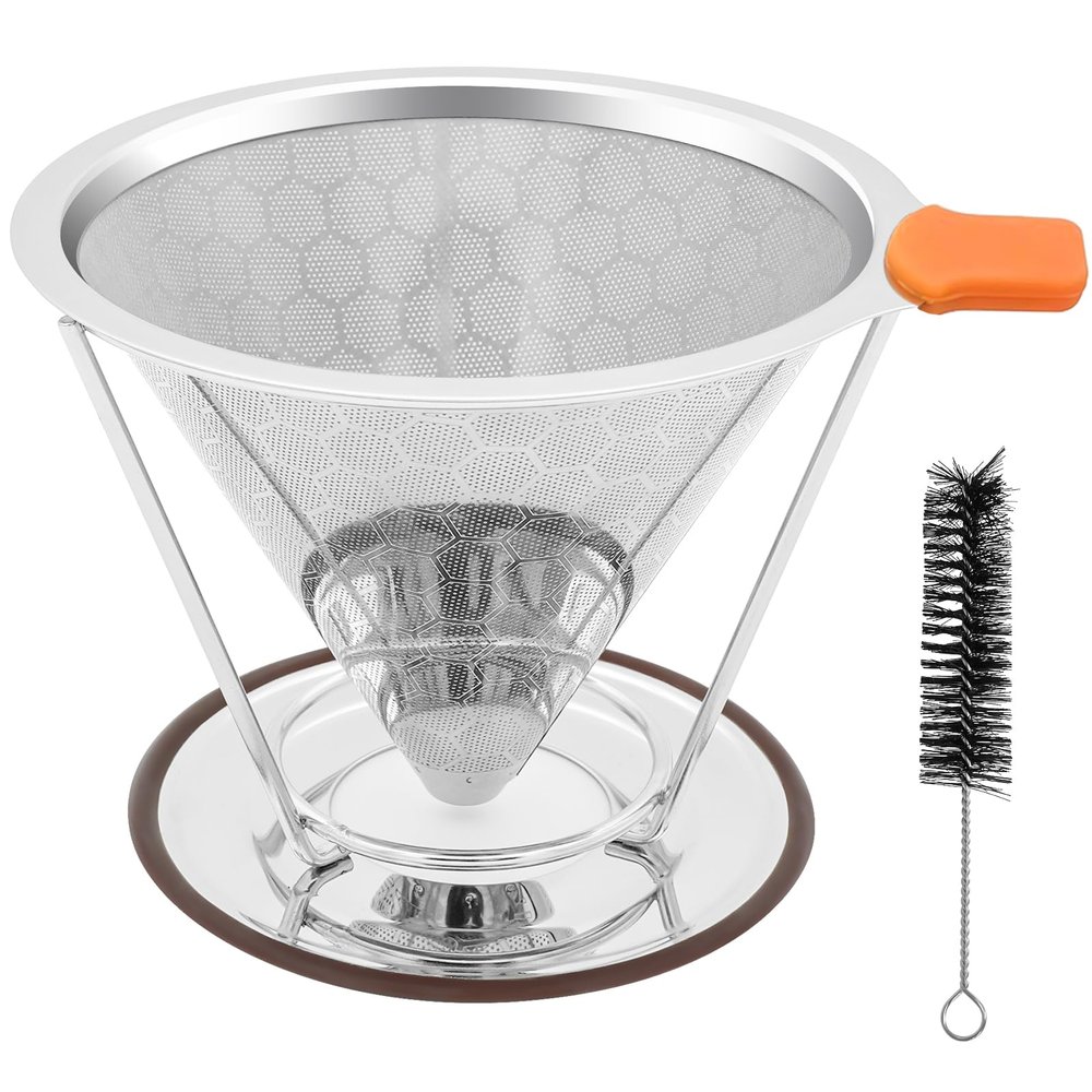 X-VESOLJE Pour Over Coffee Dripper, Paperless Pour Over Coffee Filter, Reusable Pour Over Coffee Maker Set, Dual-Layer Stainless Steel Cone Filter, Detachable Dripper Stand, Single Cup Brewer 1-2 Cup