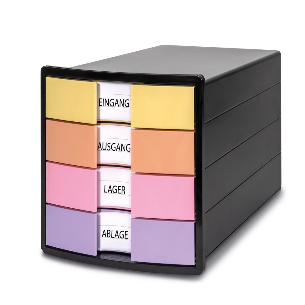 HAN Impuls 2.0 Drawer Box with 4 Closed Drawers for DIN A4/C4 Including Labelling Labels, Pull-Out Lock, Furniture Friendly Rubber Feet, Premium Quality, 1012-139, Black/Pastel