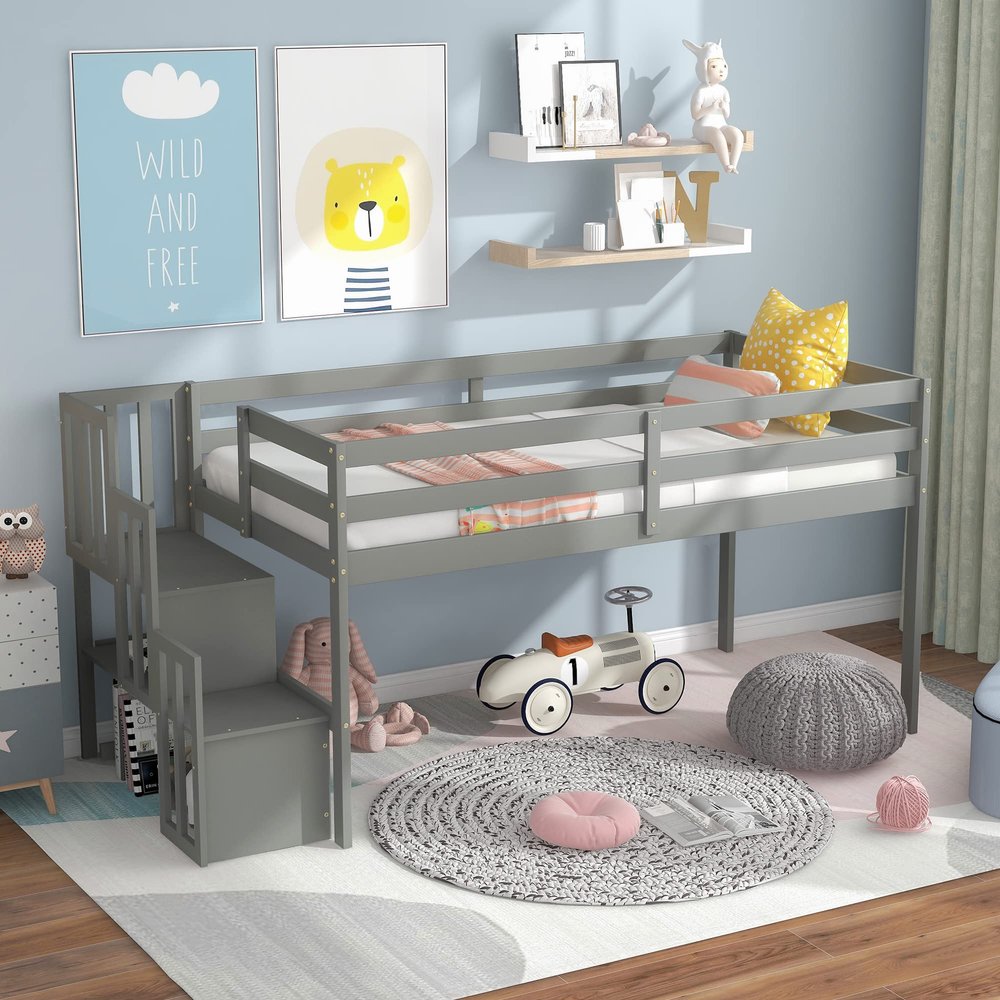 ZJIAH Twin Loft Bed with Stairs, Solid Wood Low Loft Bed with Storage Staircase, Twin Size Low Loft Bed Frame for Kids Teens Girls Boys, Wood Loft Bed Frame with Safety Guardrails, Grey