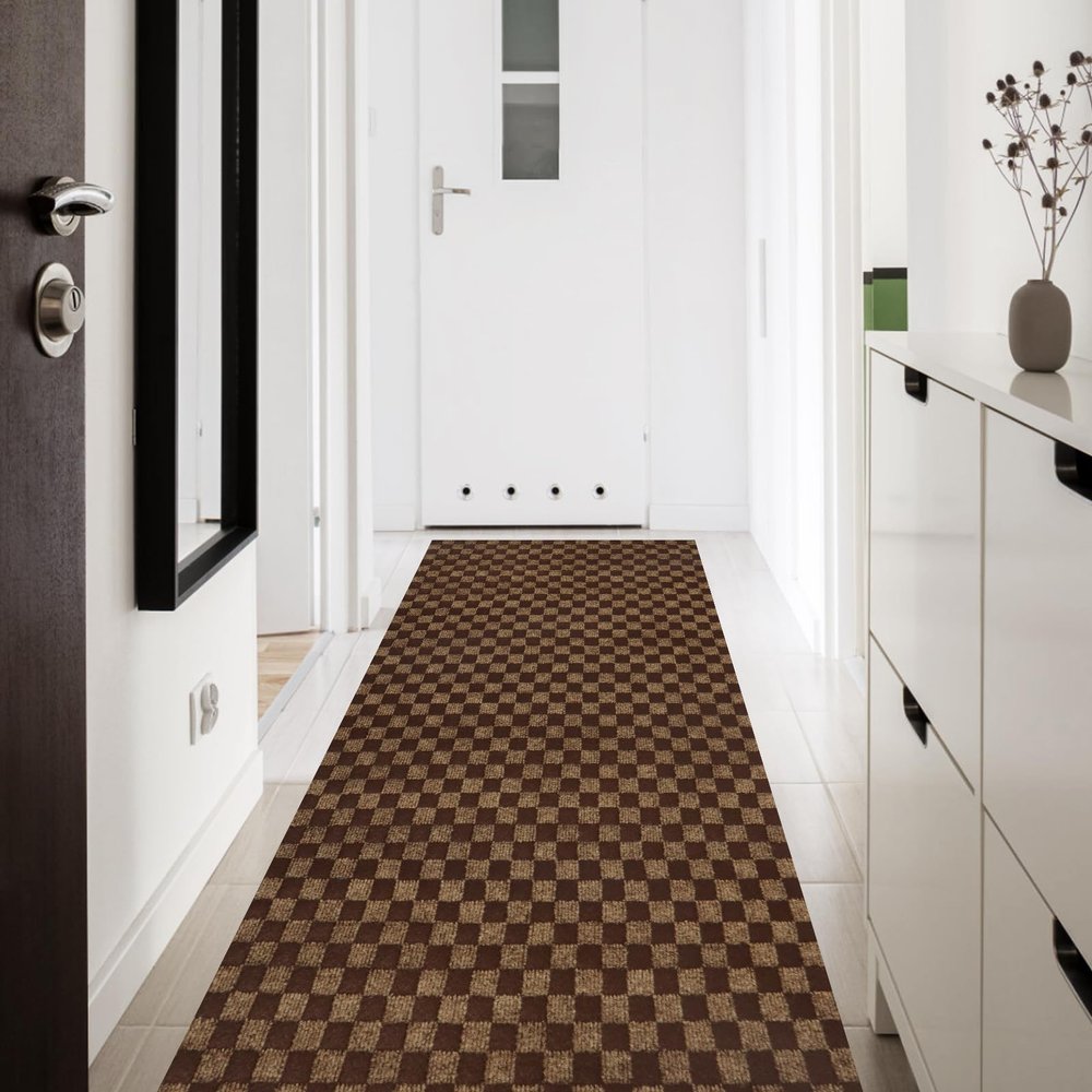 PENFHF Custom Size Runner Rug 4' x 8' Rubber Backing Non-Slip for Hallway Entryway Laundry Stair Bathroom Kitchen Indoor Outdoor Area Rug Carpet, Brown Checkered