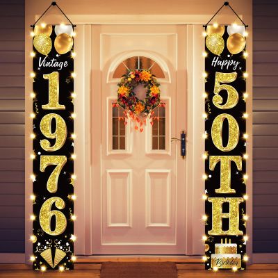50th Birthday Party Banner Lighted Decorations for Men and Women - Black Gold Vintage 1976 50th Birthday Door Banners with LED Light, Fifty Years Birthday Party Supplies for Indoor Outdoor Decor