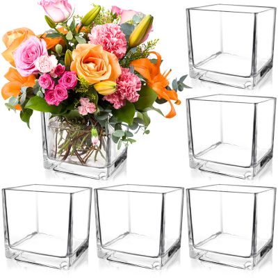 PINIWON 6 Pack Square Glass Vases 5 x 5 x 5 Inch, Clear Cube Flower Vases for Centerpieces, Candle Holders for Wedding Party Home Decor