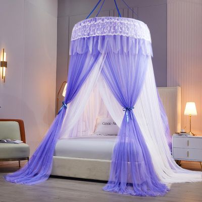 Walkervo Bed Canopy for Girls & Adults Large Elegant Double Layer Bed Curtain Canopy Drapes Round Dome Lace Princess Canopies Netting with LED Lights for Single to Double Bed, Purple