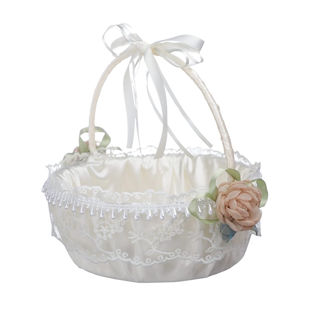 YLSZHYR Large Flower Girl Baskets for Weddings,Fairy Lace Bowknot Wedding Flower Basket Satin Lace Collection, Decoration Flower Scattering Basket Wedding Supplies(#1)