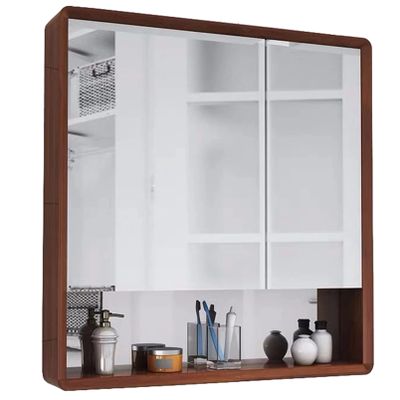 Brown Solid Wood Mirror Cabinet Bathroom Locker Wall Mounted Bathroom Mirror with Shelf Wash Basin Storage Cabinet (Color : Brown, Size : 80 * 14 * 80 cm)