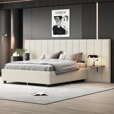 DNChuan Queen Size Velvet Upholstered Platform Bed with Oversize Wingback Headboard and Storage Shelves,Heavy-Duty Frame,No Box Spring Needed for Adults,Kids,Beige