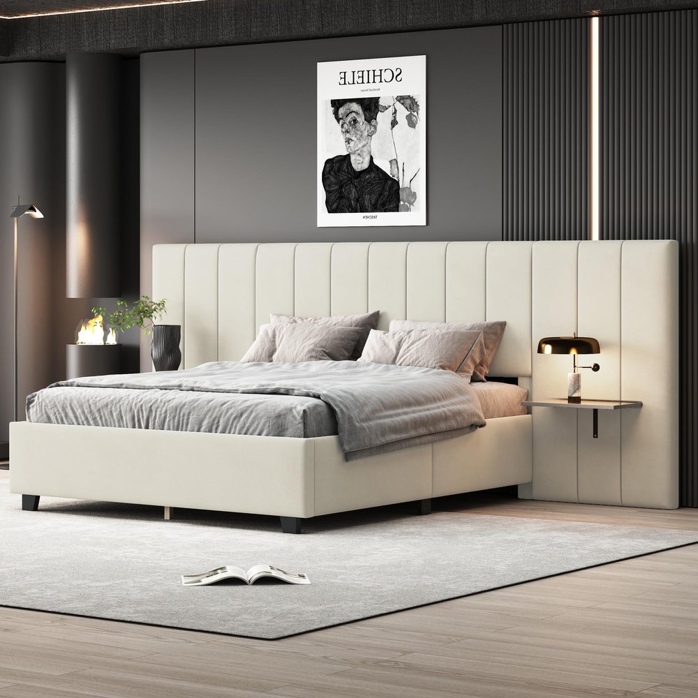 DNChuan Queen Size Velvet Upholstered Platform Bed with Oversize Wingback Headboard and Storage Shelves,Heavy-Duty Frame,No Box Spring Needed for Adults,Kids,Beige