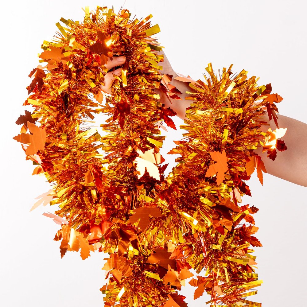 Jocomoni 33Ft Thanksgiving Tinsel Garland, Golden Maple Leaf Metallic Tinsel Garland Hanging Decoration for Autumn Thanksgiving Halloween Party Decoration