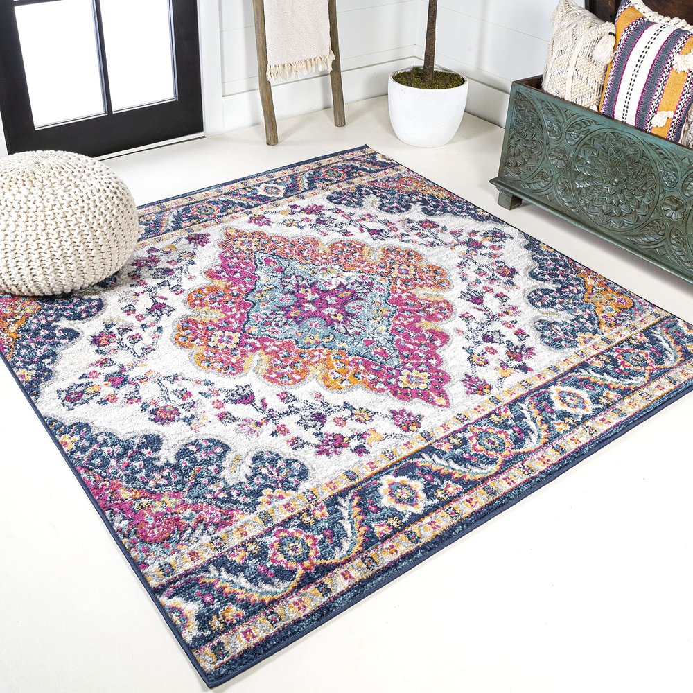 JONATHAN Y Boho Vintage Blue/Multi 9x9 Square Area Rug, Bohemian Flair Medallion, Floral Easy-Cleaning High Traffic for Living Room, Bedroom, Kitchen, Pet-Friendly, Non Shedding (BMF106A-9SQ)