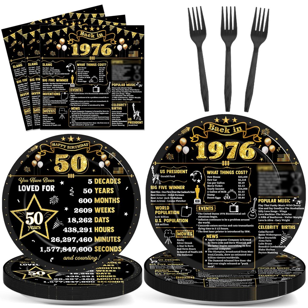 CHUNNIN 96Pcs 50th Birthday Plates and Napkins Back in 1975 Party Decorations Black Gold 50 Year Old Party Dessert Plates 1975 Tableware for 24 Guests 50th Theme Men Woman Birthday Supplies