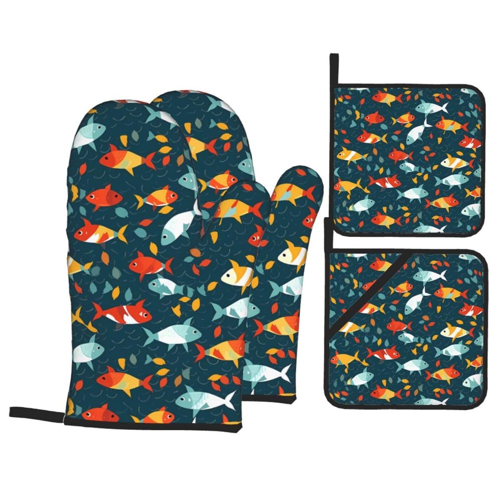 YYHWHJDE Swimming Fish Printing Oven Mitts and potholders Set of Four : Thick and Durable, Anti-scalding and Heat-Insulating