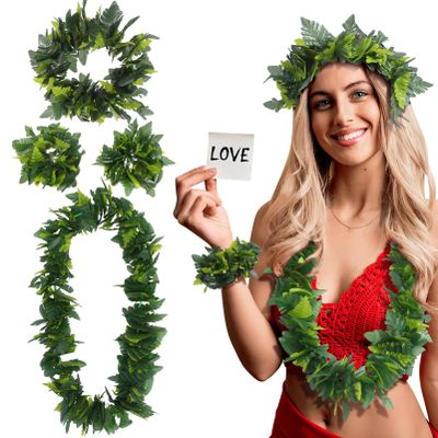 AOKWAWALIY 4PCS in 1 Set Green Hawaiian Party Garland Artificial Leaves Wedding Headband Lifelike Leaves Neck Loop Bracelet Simulate Tropical Beach Luau Wreath Decoration for Party