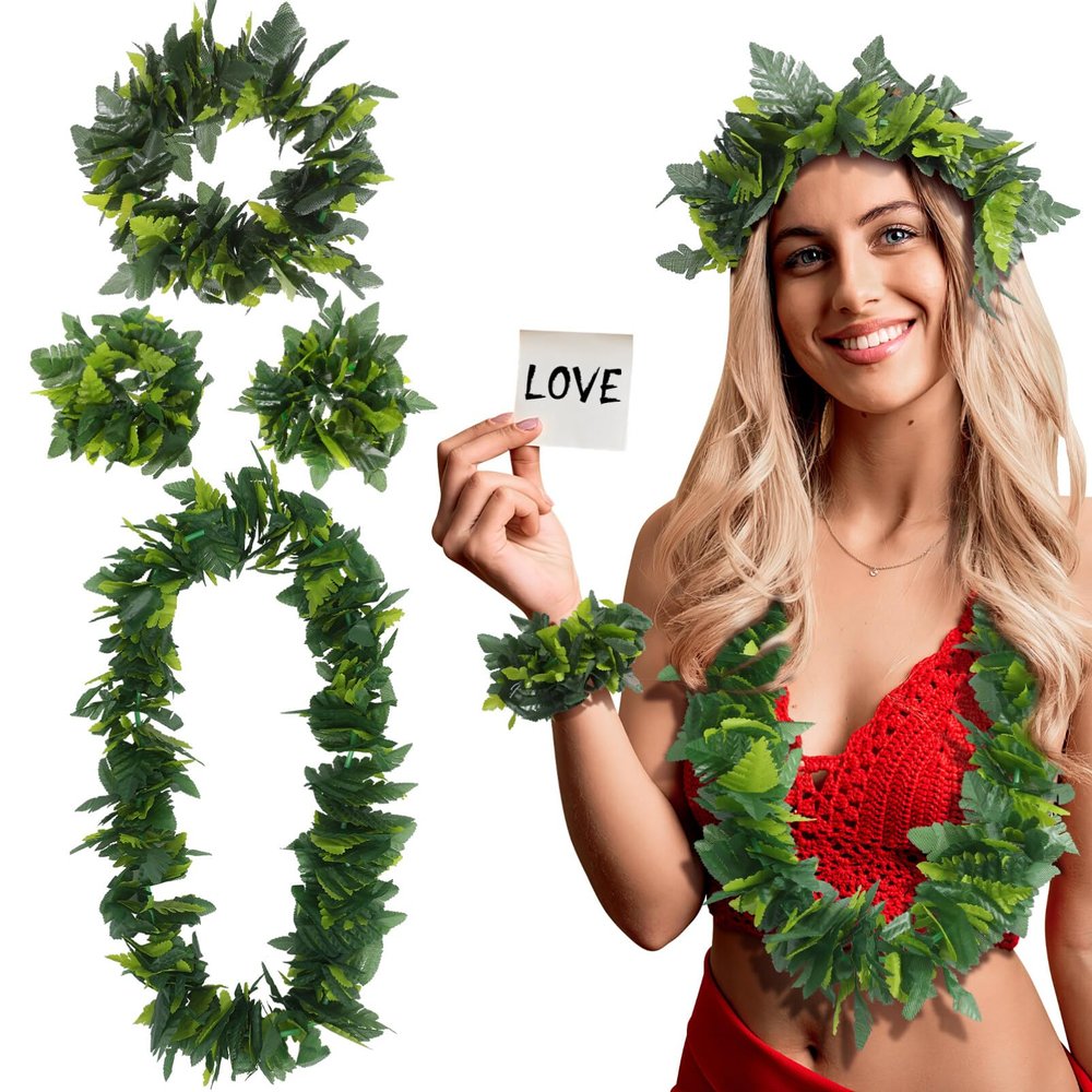 AOKWAWALIY 4PCS in 1 Set Green Hawaiian Party Garland Artificial Leaves Wedding Headband Lifelike Leaves Neck Loop Bracelet Simulate Tropical Beach Luau Wreath Decoration for Party