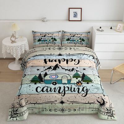 Erosebridal Camping Decor for Camper Comforter Set Lodge Cabin Camp Travel Car Bedding Set, Happy Glamping Trailer Quilt Queen, Vintage Farmhouse Beige Blue Cottage Plank Rustic Home Decor