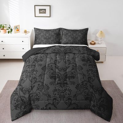 Adults Black Damask Bedding Set Antique Victorian Baroque Comforter Set Full, Vintage Floral Gothic Quilt Exotic Aesthetic Butterfly Duvet Insert, Sugar Skull Skeleton Bohemian Decor, Grey