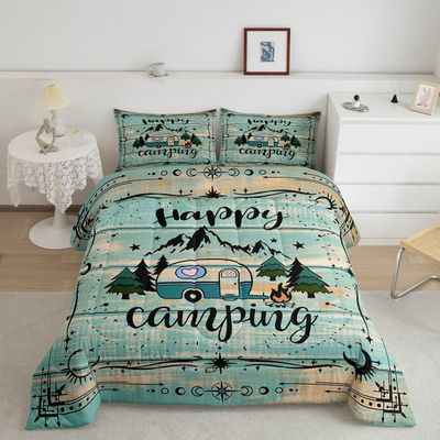 Erosebridal Camping Decor for Camper Comforter Set Lodge Cabin Camp Travel Car Bedding Set, Happy Glamping Trailer Quilt Queen, Vintage Farmhouse Green Brown Cottage Plank Rustic Home Decor