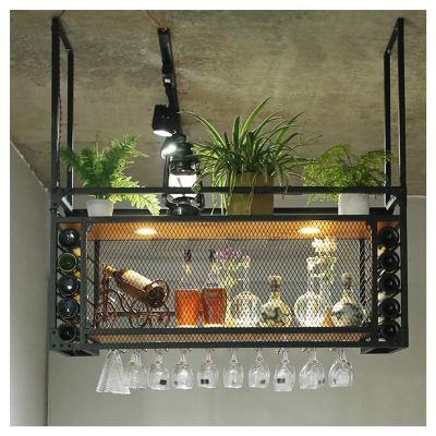 Ceiling Wine Glass Rack,Hanging Wine Glasses Storage Hanger Organizer with Light,black Metal Ceiling Shelf with Guardrails for Home Bar and Restaurant