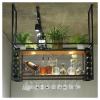 Ceiling Wine Glass Rack,Hanging Wine Glasses Storage Hanger Organizer with Light,black Metal Ceiling Shelf with Guardrails for Home Bar and Restaurant view 1