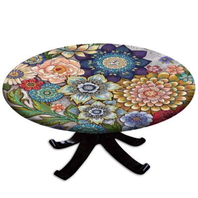 AngelSept Elastic Edge Round Fitted Tablecloth, Colorful Flowers Boho Polyester Table Cloth, for Kitchen Dining Party Patio Tabletop Decoration, Fits Tables up to 44" Diameter
