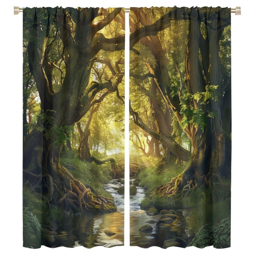 HDESDIS Mysterious Forest Blackout Curtains, Sunshine Summer Jungle Flowing Stream Window Drapes Home Decor Rod Pocket Curtain for Living Room Bedroom, 2 Panels, Each 27.5" W x 63" L