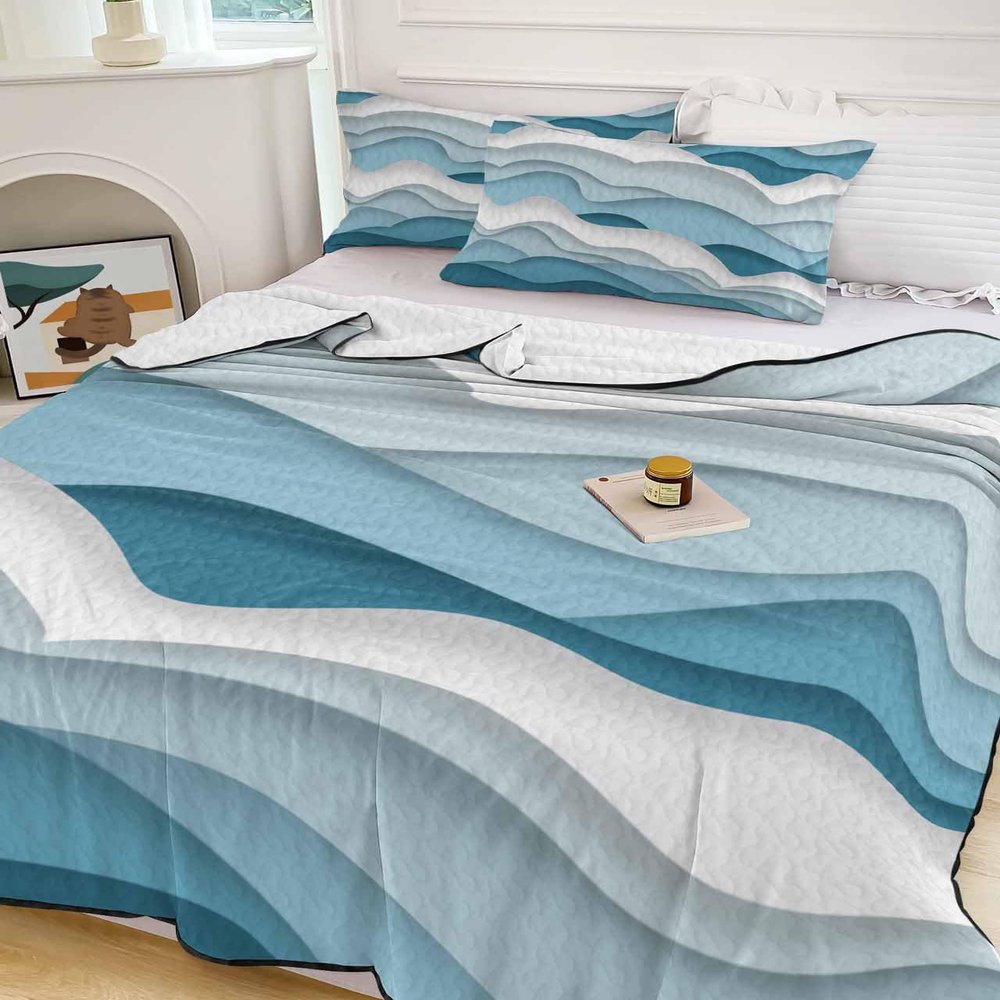 Geometric Blue Ocean Waves Twin Size Down Alternative Comforter, Lightweight Comforter Quilt Bedding Set with Pillow Shams,All Seasons Bed Comforter Duvet Insert, Minimalist White Stripes 68"x86"