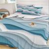 Geometric Blue Ocean Waves Twin Size Down Alternative Comforter, Lightweight Comforter Quilt Bedding Set with Pillow Shams,All Seasons Bed Comforter Duvet Insert, Minimalist White Stripes 68"x86" view 1