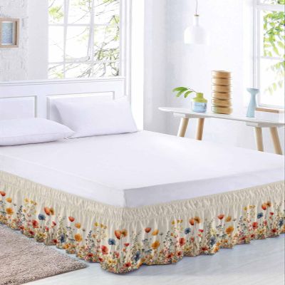 Floral Herbs Bed Skirt King Size 18 Inch Drop,Adjustable & Elastic Wrap Around Bed Skirts Pleated Luxury Dust Ruffles For Twin Full Queen Cal King Base Bed,Watercolor Flower Leaves Herbs Blooms Botany