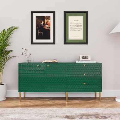 Clihome Sideboard Buffet Cabinet, 60 Inch Modern Storage Cabinet with 2 Doors and 3 Drawer, Free-Standing Cabinet with Gold Legs for Living Room, Dining Room, Entryway, Office,Green