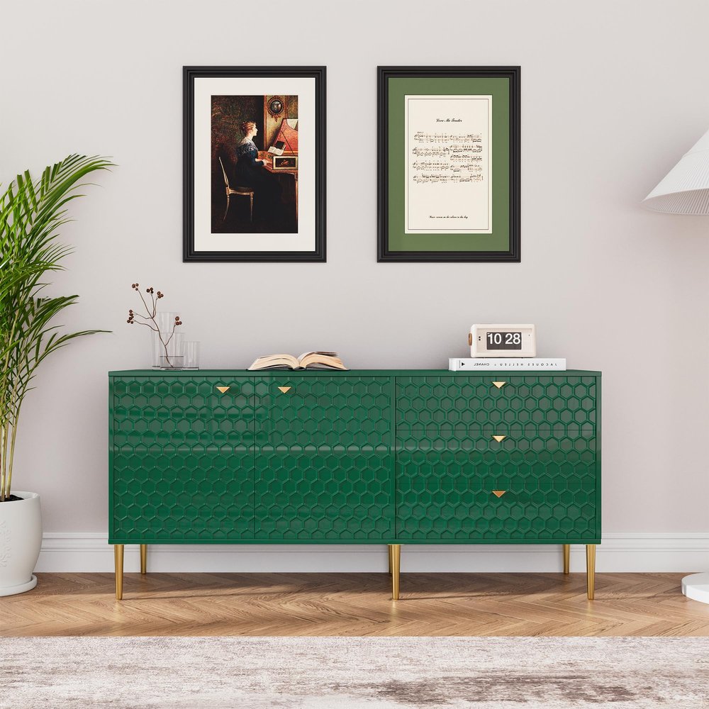 Clihome Sideboard Buffet Cabinet, 60 Inch Modern Storage Cabinet with 2 Doors and 3 Drawer, Free-Standing Cabinet with Gold Legs for Living Room, Dining Room, Entryway, Office,Green