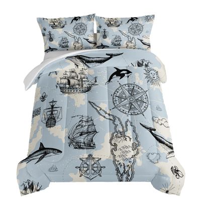 HOSIMA Anchor Nautical Bedding Comforter Set,Compass Whale Sailing Bedding Sets Full Size for Kids Teens Bedroom Decor,Grey Retro Comforter Boys Girls Bedding Set with 2 Pillowcases.