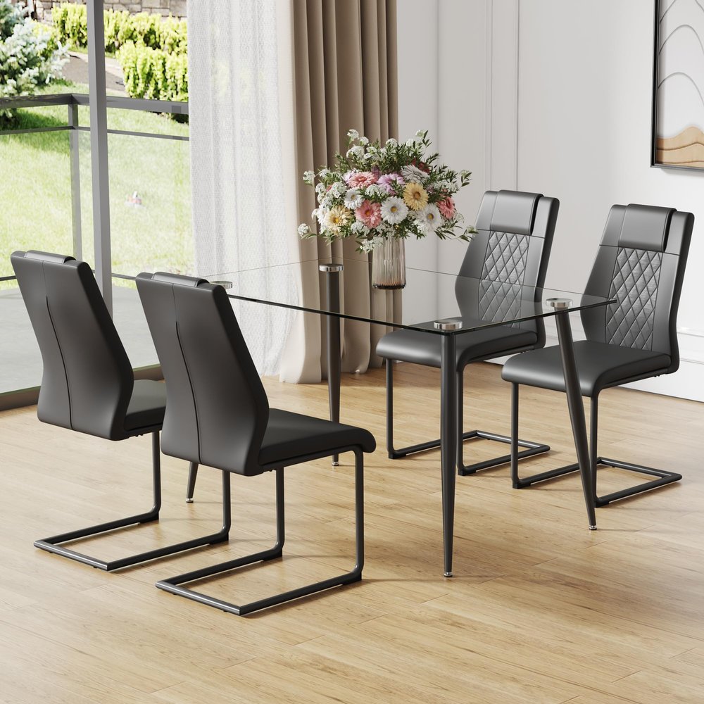 Vobzolite Table and Chair Set. 1 Table and 4 Chairs. Glass Dining Table, 0.31 "Tempered Glass Tabletop and Black Metal Legs. armless Dining Chair (Black Chair+Table)