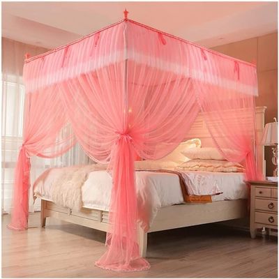 4 Corner Post Canopy Sturdy Frame Bed Curtain for Adults Cute Cozy Cloth Square Net Mosquito Net with 3 Openings Princess Bedroom