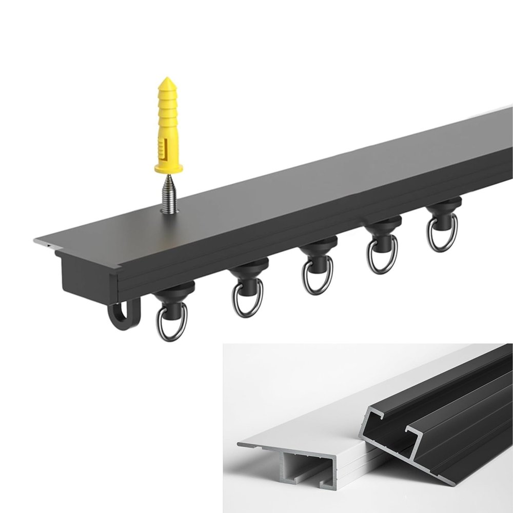Curtain Tracks Ceiling Wall Mounted Heavy-Duty Curtains Rails Room Divider Curtain Track, Self Adhesive Ceiling or Wall Curtain Track, Adhesive Curtain Rods, for Living Room Bedroom ( Color : Black Pe